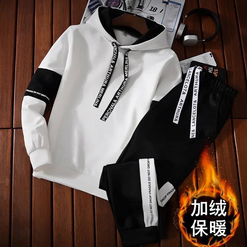 

A Set of MEN'S Sportswear New Style Autumn & Winter Hooded Pullover Hoodie Suit Students Brushed And Thick Coat Clothes