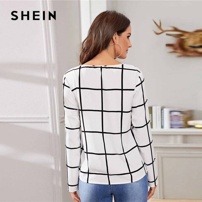 SHEIN белая клетчатая Весенняя Повседневная блуза с v-образным вырезом, женские топы, осенние корейские офисные блузки и топы с длинным рукавом