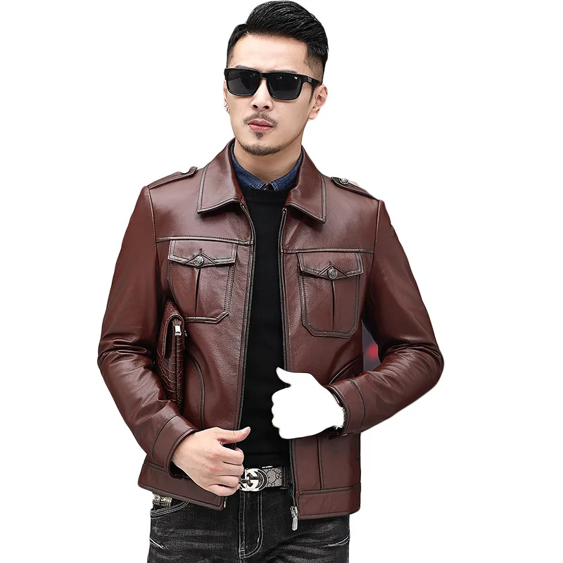 

Men Leather Coat Genuine Leather Locomotive Money Head Layer Cowhide Jacket Haining Autumn Youth Short Money Lapel Coat Chao