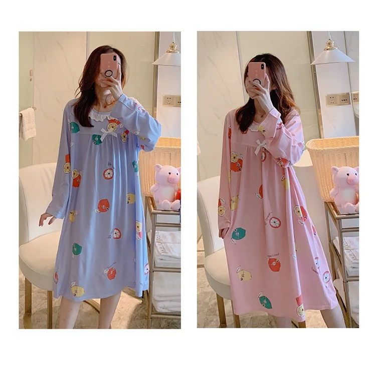 Spring Autumn Casual Plaid Cotton Nightgowns for Women Long Sleeve Loose Night Dress Home Dress Sleepwear Nightdress Nighty