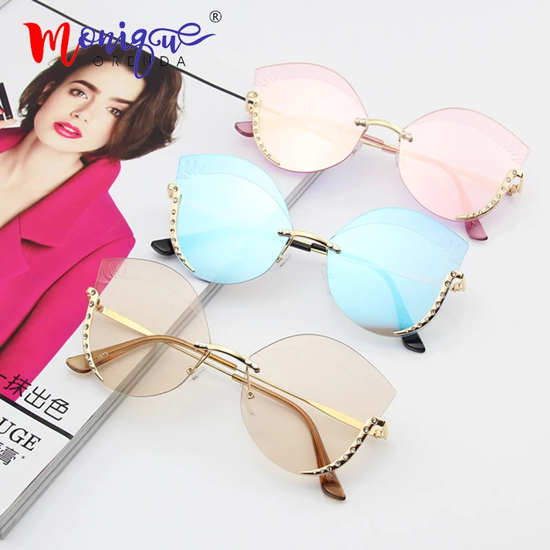 

Luxury cat eye sunglasses women brand designer gradual sun glasses ladies rimless lens shades for women diamond oculos UV400