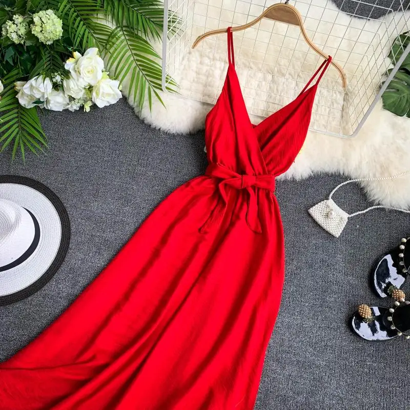 Женское платье с V образным вырезом и поясом без рукавов|Платья| |