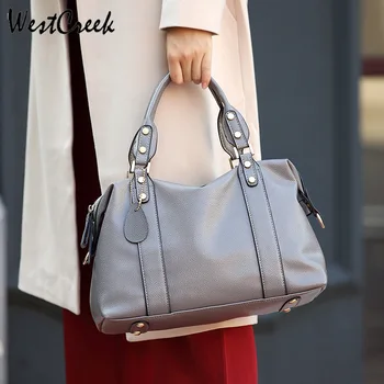 

WESTCREEK Brand 2019 Vintage Boston Genuine Leather Luxury Handbags Designer Shoulder Bag Female Rivet Women Messenger Bags Tote