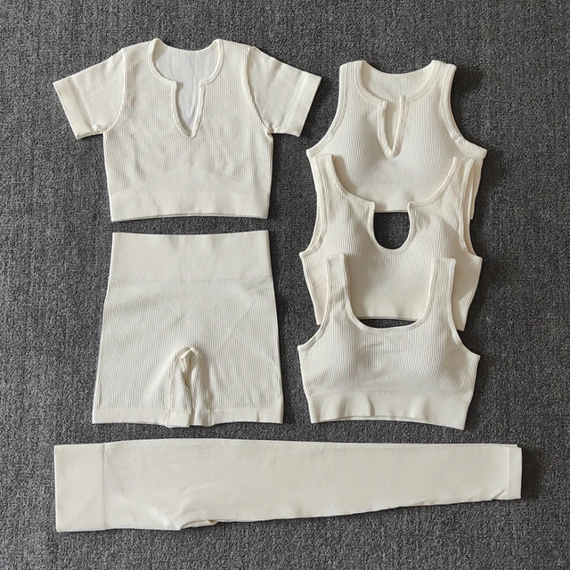 2/4/6PCS Seamless Women Yoga Set Workout Sportswear Fitness Bra Sport Pants Gym Clothing High Waist Leggings Shorts Sports Suits 6PCSWhite