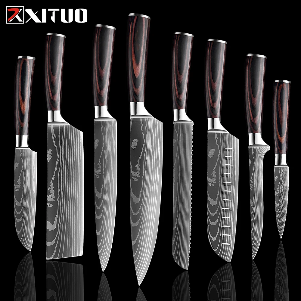 XITUO Kitchen Chef Knives Set 8 inch Japanese 7CR17 440C High Carbon Stainless Steel Damascus Laser Slicing Santoku Tool 1-8PCS