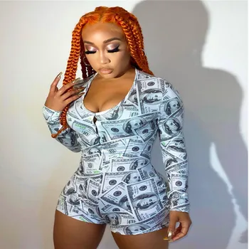 

2020 Womens Jumpsuit Cute Fashion Note Print Long Sleeve Deep V Neck Bodycon Jumpsuit Sleepwear Bodysuit Romper Short Pants