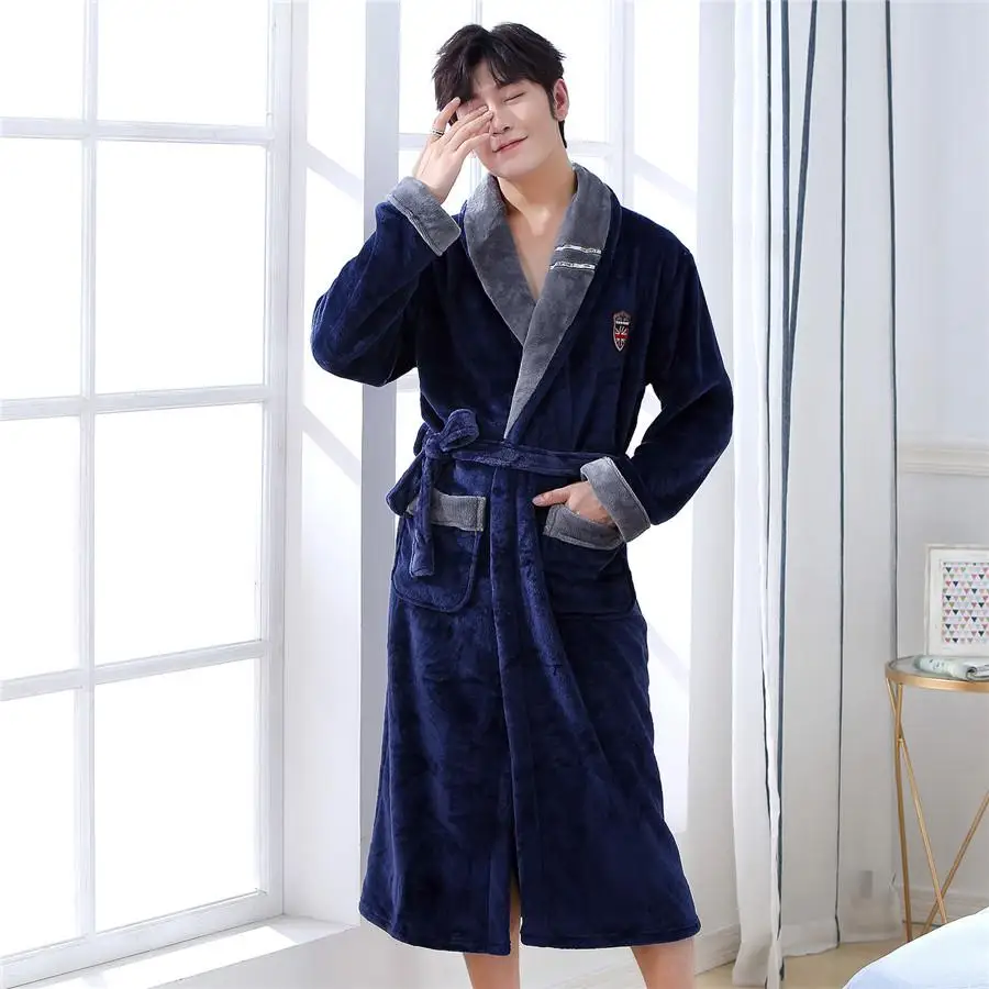 Повседневный халат, мужской халат, кимоно, зимняя фланелевая мягкая Домашняя одежда, ночная рубашка, теплая Коралловая флисовая одежда для сна размера плюс - Цвет: Navy Blue3
