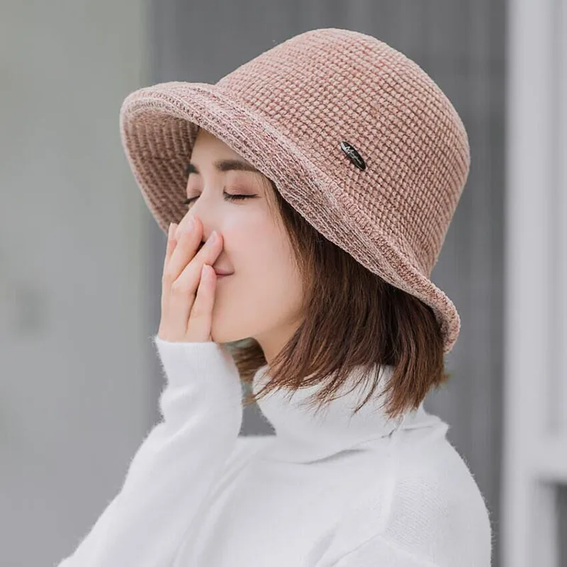 Bucket Hat Cover New Design For Women Solid Chenille Solid color Outdoor Autumn Winter For Ladies Fisherman Hat For Female