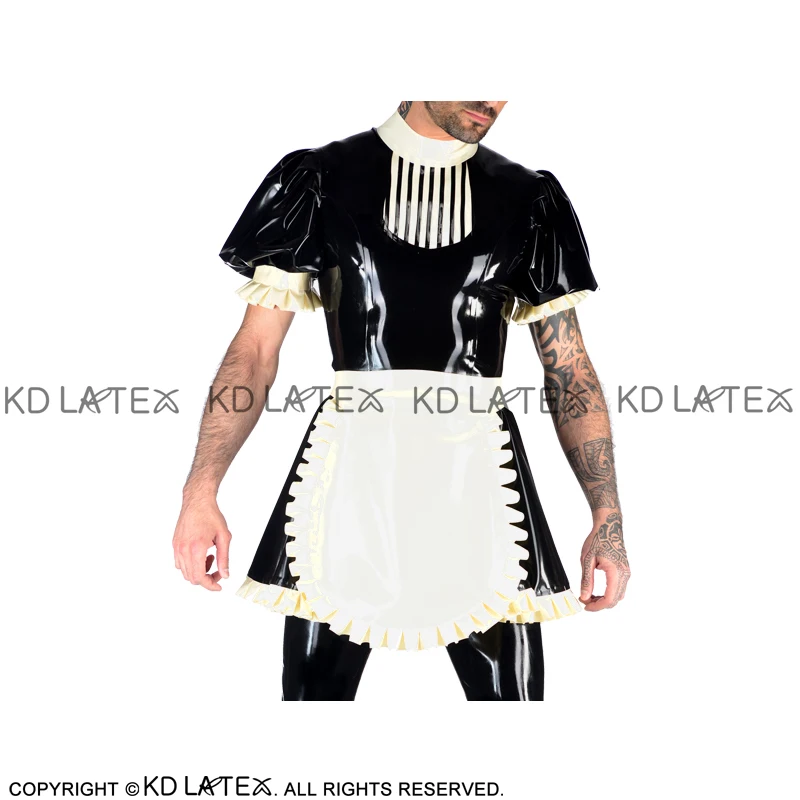 

Sexy French Maid Latex Dress With Stripe And Puff Short Sleeves Apron Zipper At Back Rubber Uniform Bodycon Playsuit LYQ-0181
