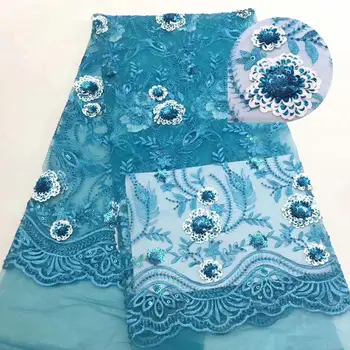 

high-end French sky blue sequins 3D embroidery lace fabric, high quality African tulle lace fabric sequins wedding Nigeria