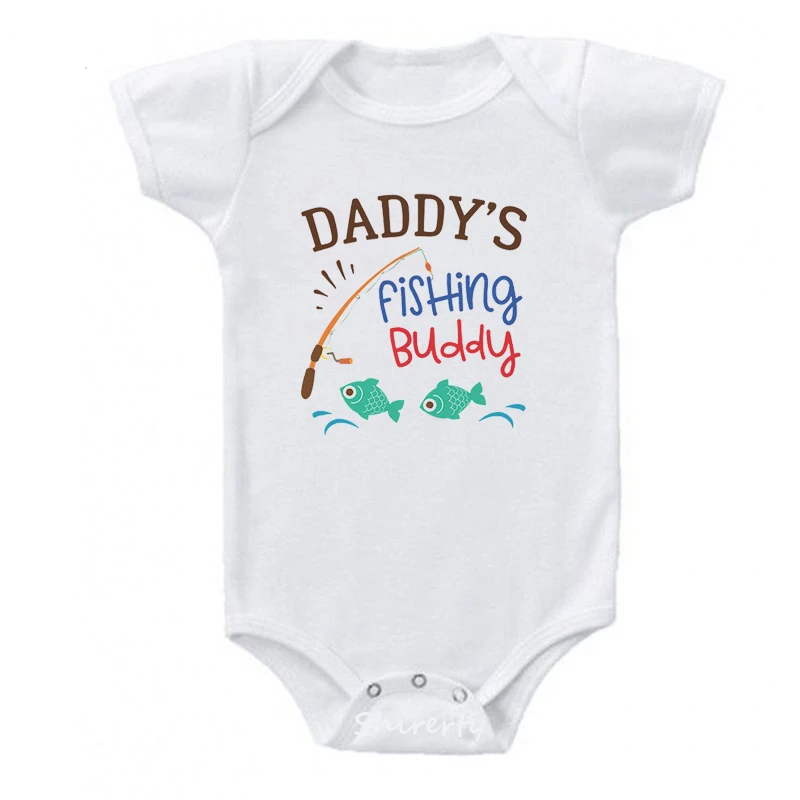 Cotton Newborn Baby Boy Girl Short Sleeve Romper Letter Print Daddy's Fishing Buddy Romper Outfits Summer Baby Clothes White 5