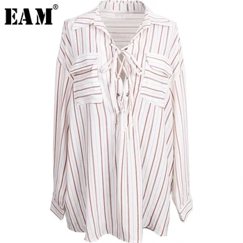 

[EAM] Women Red Striped Split Big Size Blouse New Lapel Long Sleeve Loose Fit Shirt Fashion Tide Spring Autumn 2020 1S454