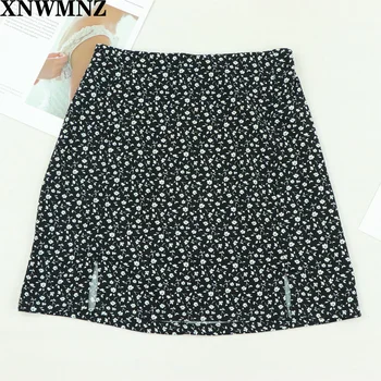 

202 za harajuku White Floral Print Black skirts womens Streetwear Slim Women A-line Skirt High Waist Split Short Mini Skirt shei