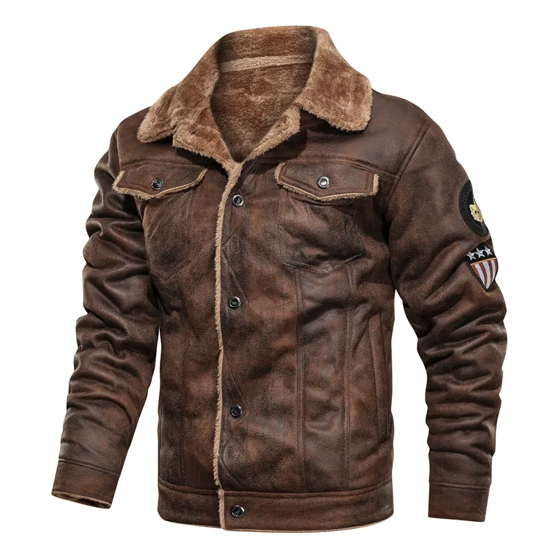 MORUANCLE Для мужчин с искусственным мехом, куртки-бомберы пальто с флисовой подкладкой зимние теплые бархатные верхняя одежда в стиле «Пилот» толстый Термальность кожаное пальто - Color: Brown