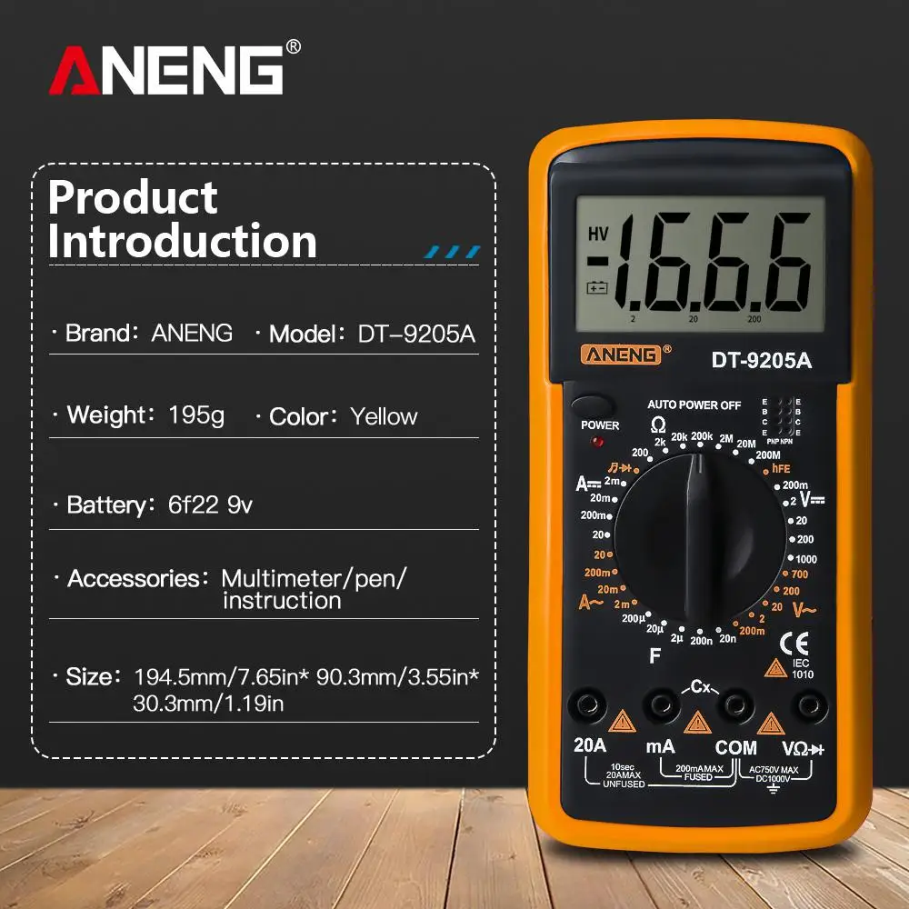 Litake цифровой DT-9205A мультиметр ЖК-дисплей AC/DC Амперметр Сопротивление Емкость Тестер