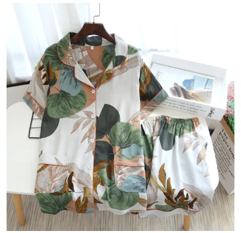 summer new women's pajamas thin section short-sleeved shorts large floral print pajamas home service ladies pajamas for women 12