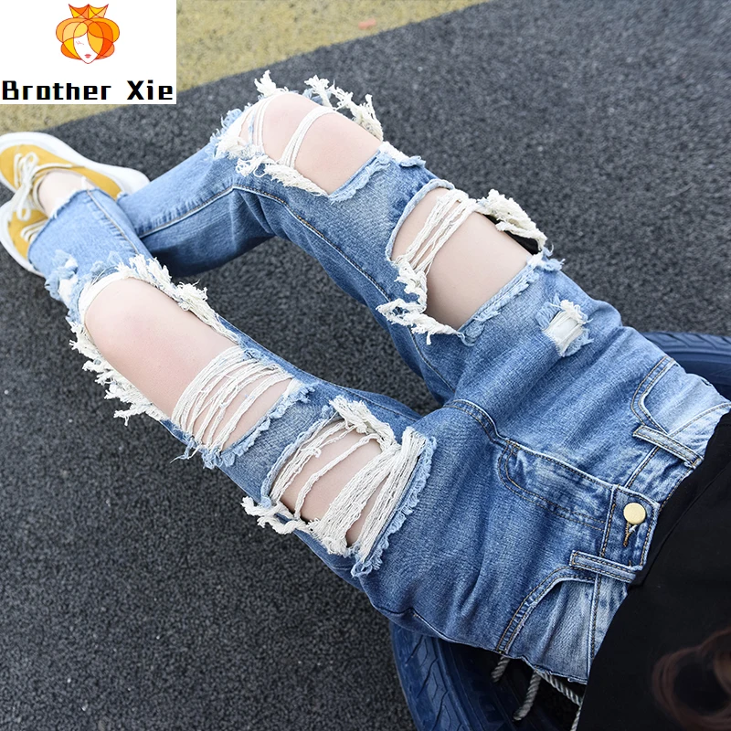 

Big Broken Jeans Women's Loose Spring Summer 2020 New Korean Bf Nine-minute Denim Pants Beggar Hallen Pants Ripped Holes Jeans