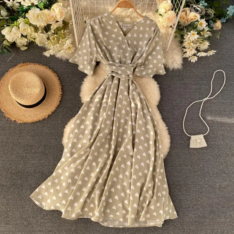 SINGRAIN Women Long Print Dress Summer Holiday French Korean Romantic Beach Dress Short Sleeve Clubwear Bohemian Floral Sundress