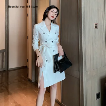 

Autumn Women's suit 2020 new women's fashion double-breasted split mid-length lace-up waist dress