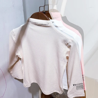 light khaki Весенне-осенняя футболка для девочек детские вязаные топы, Детская базовая одежда уличная одежда ярких цветов с буквенным принтом для детей от 2 до 7 лет - Цвет: light khaki