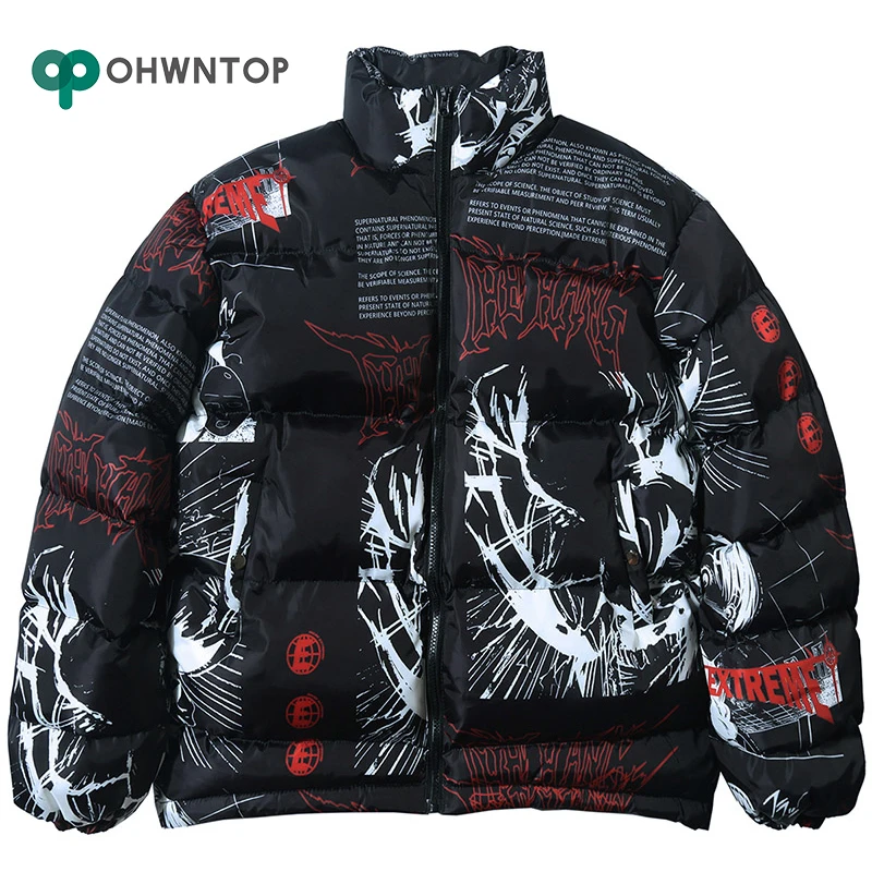 

Winter Parkas Padded Hip Hop Jacket Parka Japanese Cartoon Graffiti Streetwear Men Windbreaker Harajuku Jacket Coat Warm Outwear