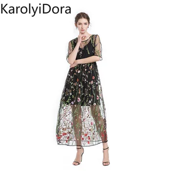 

4XL Dress Big Size 5XL Dress Hollow Out Floral Summer A-Line Mesh Embroidery Women Vestido Dress Vadim Two Pcs Lace Dress