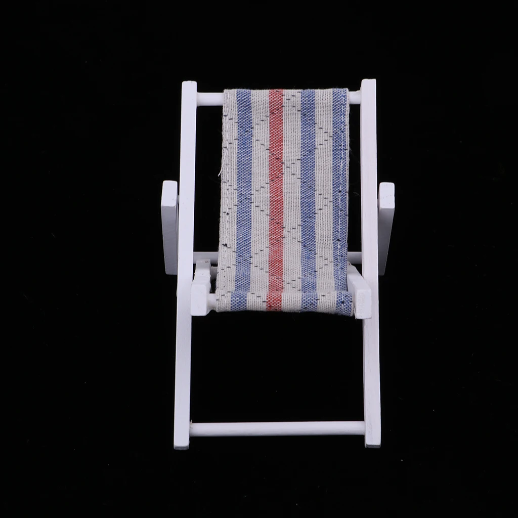 1:6 Miniature Folding Wooden Beach Sunbath Chair Deck Chair Mini Furniture for Indoor Outdoor Decor (Blue Stripe)