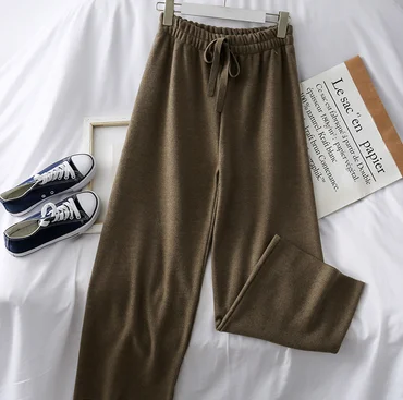 kahki trousers Утолщенные женские свободные штаны Осень Зима OL Стиль Шерсть Женский Рабочий костюм брюки свободные женские брюки с эластичным поясом - Цвет: kahki trousers