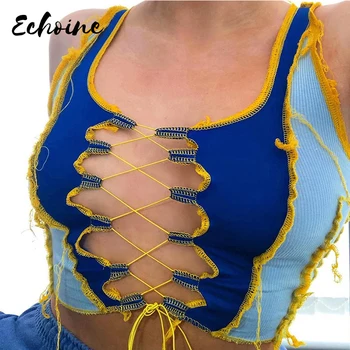 

Sexy Hollow Out Bandage Crop Tops Women Fashion Club Party Wear Tank Tops Punk Style Patchwork Street Fitness Vest Summer Female