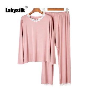 

Spring and Summer Pajamas Sets Ladies Modal Candy Color New Lace Round Neck Long Sleeve Pants Set Cozy Fresh and Cute Homewear