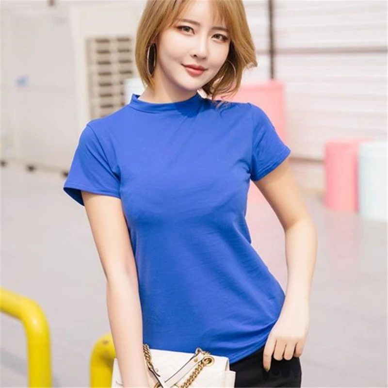 Женская Однотонная футболка с коротким рукавом и воротником мандарин летняя