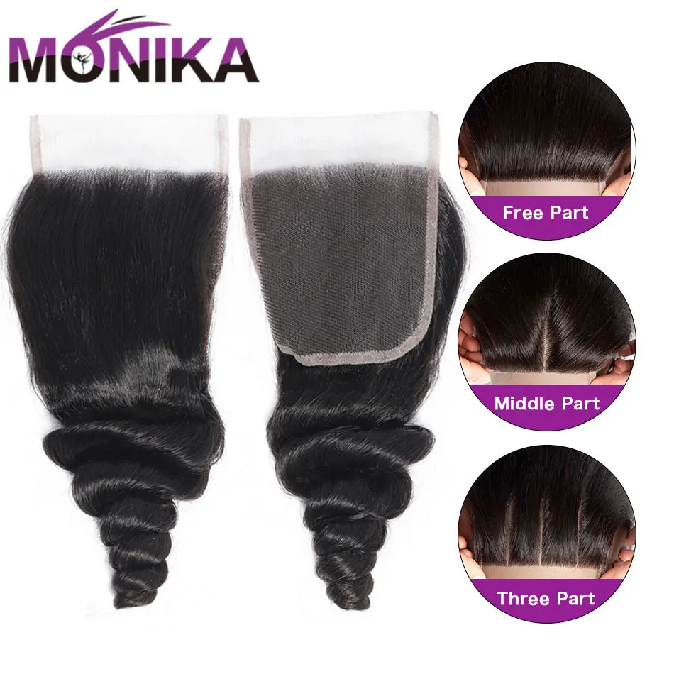 Monika, 20 дюймовые индийские волосы, застежка, свободная волна, застежка, Cheveux, человеческие волосы, плетение, закрытие, 4x4, 3 части, Swicc, шнуровка, не Реми
