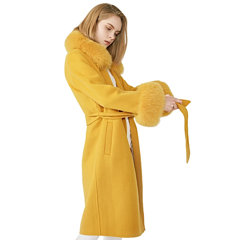 Women's Wool Coat Spring Real Fox Fur Collar Woolen Jacket Adjustable Waist Slim Ladies Long Overcoat