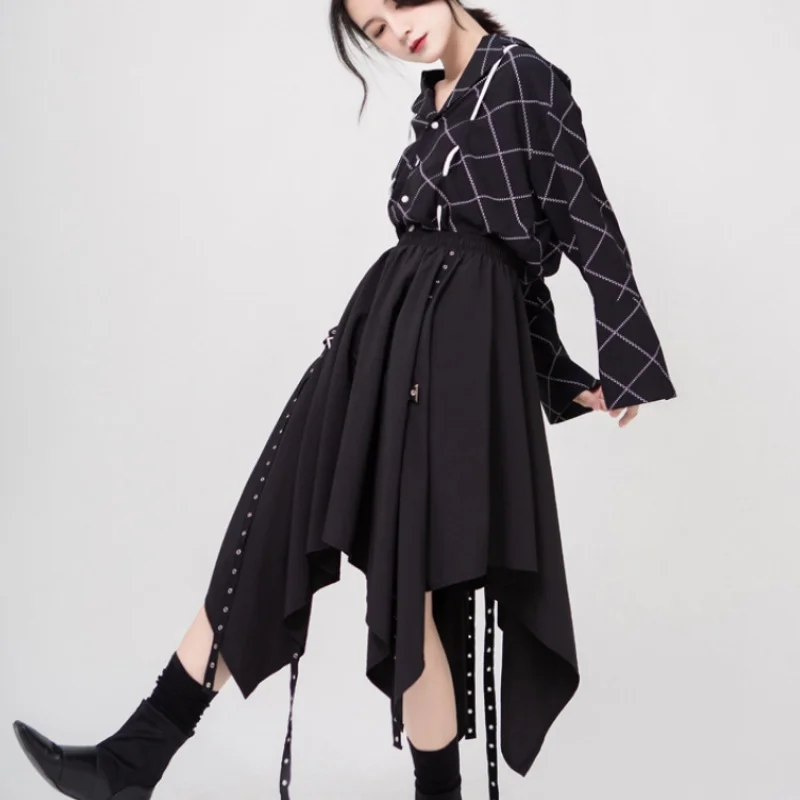 Aransue Irregular Skirt Female Autumn New Diablo Street Punk Wind Ribbon Button Mid-length Skirts Tide