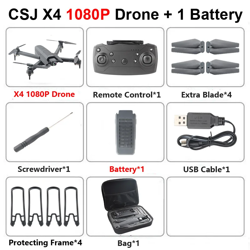 X4 1080P 1B Bag CSJ X4 Foldable Profissional Drone with 4K HD Camera WiFi FPV Optical Flow RC Helicopter Quadrocopter Kid Toy VS SG106 E520 GD89 - Цвет: X4 1080P 1B Bag