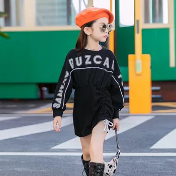 

Child Girls Fashion Tight Black Dress Hiphop Cool Outfit 2020 New Long Sleeve Shirt Dress for Girl 10 12 years old