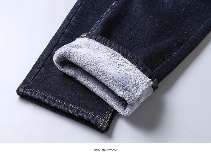 Зимние мужские флисовые черные синие джинсы новые деловые повседневные теплые облегающие Стрейчевые джинсовые брюки мужские Брендовые брюки