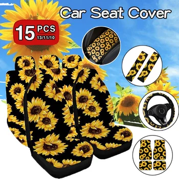 

Sunflower Printed Car Seat Covers Set Black Steering Wheel Cover Auto Interior Cushion Accessories Universal Fit for Most Cars
