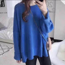 

2021 Cashmere Sweater Warm Soft Round Collar Winter Autumn Long Sleeve Solid Knitting Pullovers Overszie Casual Women Black Blue