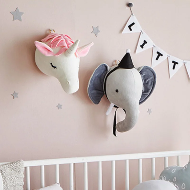 Детская голова животного, украшение на стену, мягкие игрушки, Плюшевый единорог, олень, слон, голова на стену, подвесной декор для детской комнаты