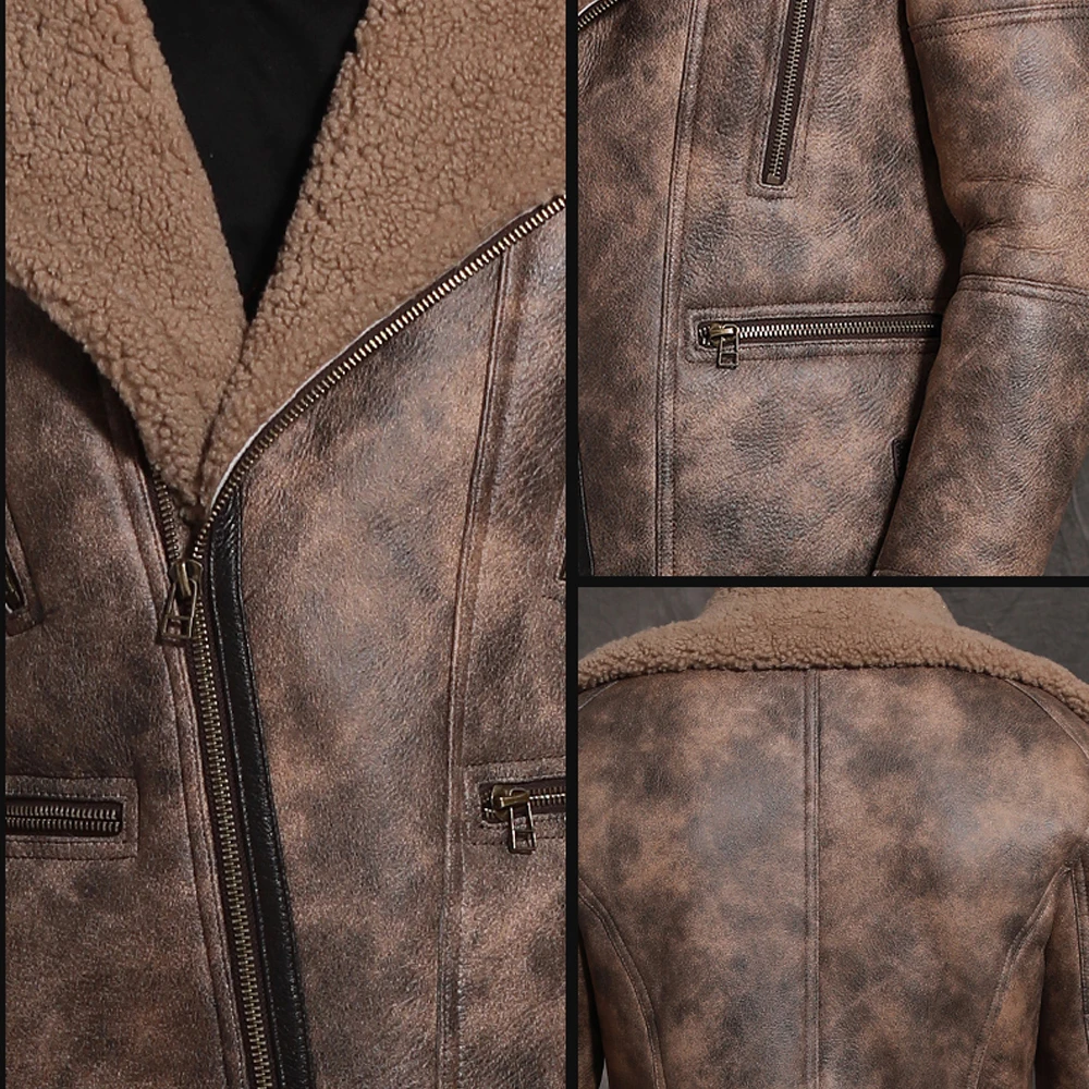 Мужская зимняя меховая овчина коричневого цвета утепленная одежда из