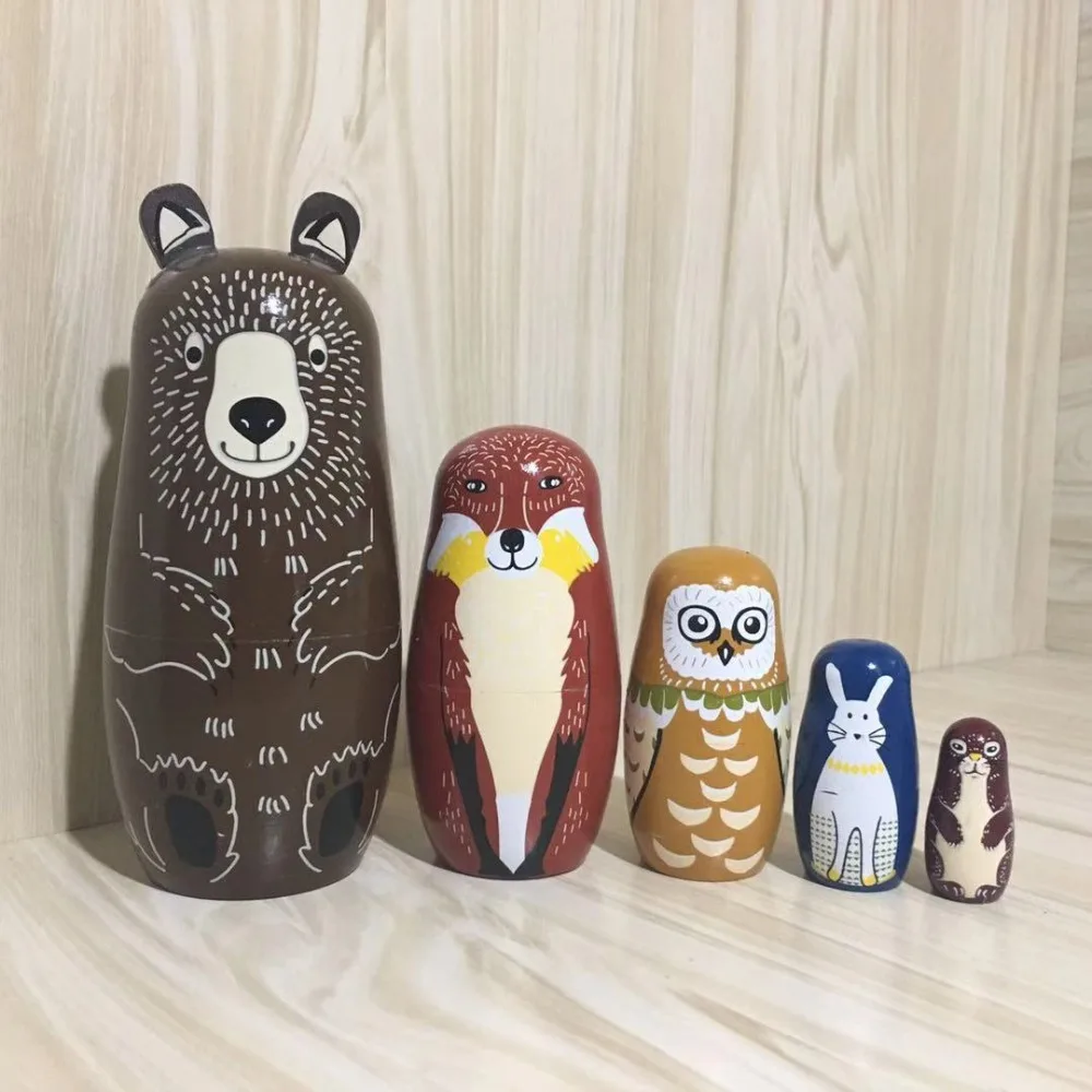 5 шт./компл. животных с медвежьими ушками Матрешка ручной работы деревянные русские Матрешки творческие игрушки для украшения дома ребенка ремесленных