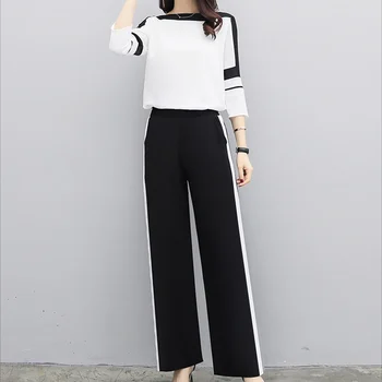 

Chiffon Women Sets Elegant Office Fashion Sets Long Sleeve Tops+wide Leg Pants Trousers Two Piece Casual Suits