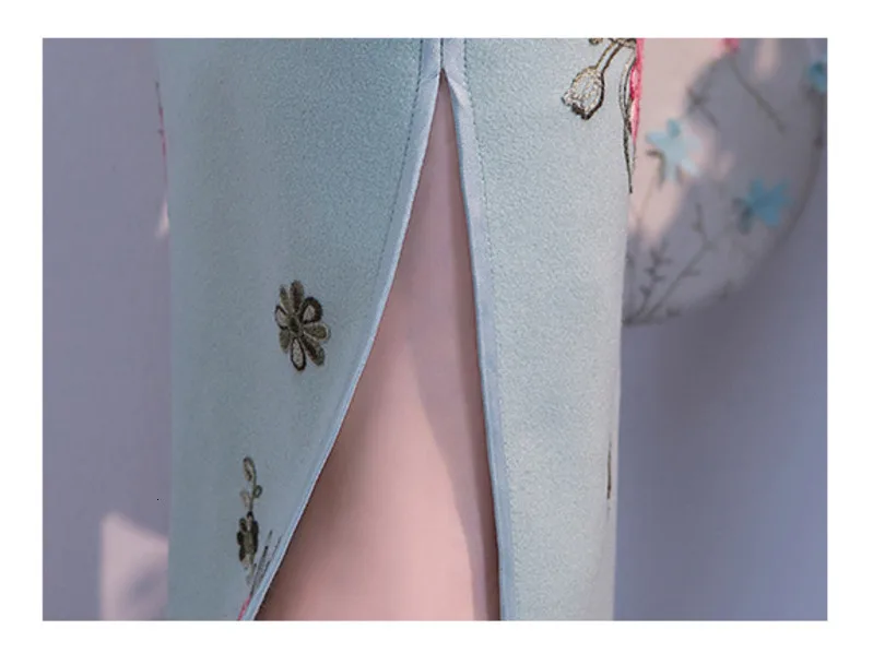 6 Color Thick Woolen Improve Cheongsam Long Evening Dress Feathers Florets Embroidery Cheongsam Long Sleeve Qipao Women Costume