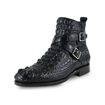 

Shoes Luxury Brand Crocodile Men Autumn Zip Flat Ankle British Style Black Office Genuine Leather High-Top Boots