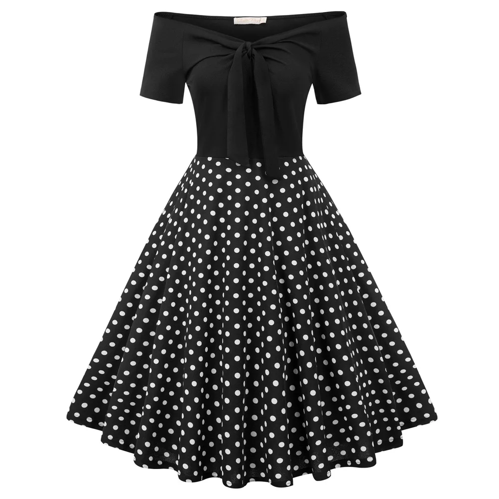 

Women's Off Shoulder dresses Patchwork elegant knee-length floral Dress Flared A-Line Party Short Sleeve Retro dress vintage