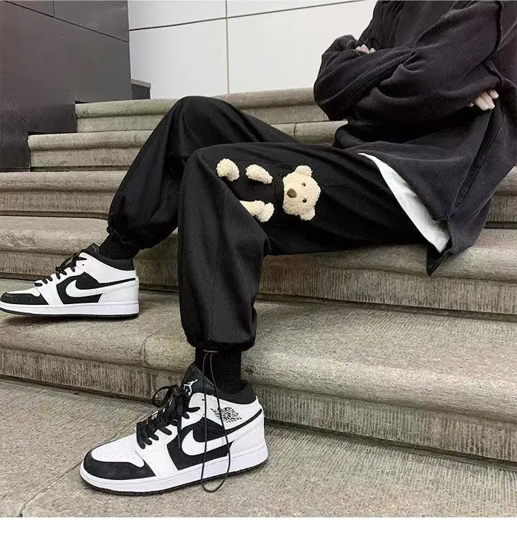 white harem pants 2021 Men's New Couple Bear Decorate Casual Pants Fashion Trend Elastic Waist Trousers Grey/black Color Sweatpants size S-4XL black harem trousers