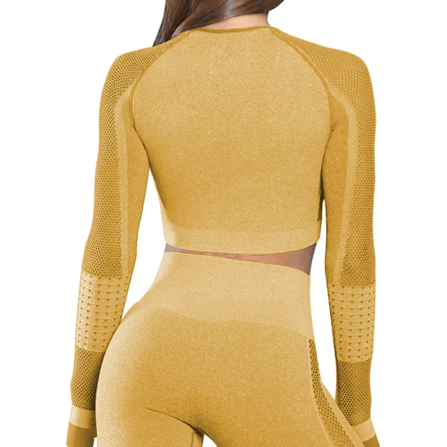 Yellow Yoga T-shirt Женские бесшовные рубашки для йоги с длинным рукавом, укороченный топ, рубашка для йоги, женская облегающая быстросохнущая одежда для бега, спортивная одежда для йоги - Цвет: Yellow Yoga T-shirt