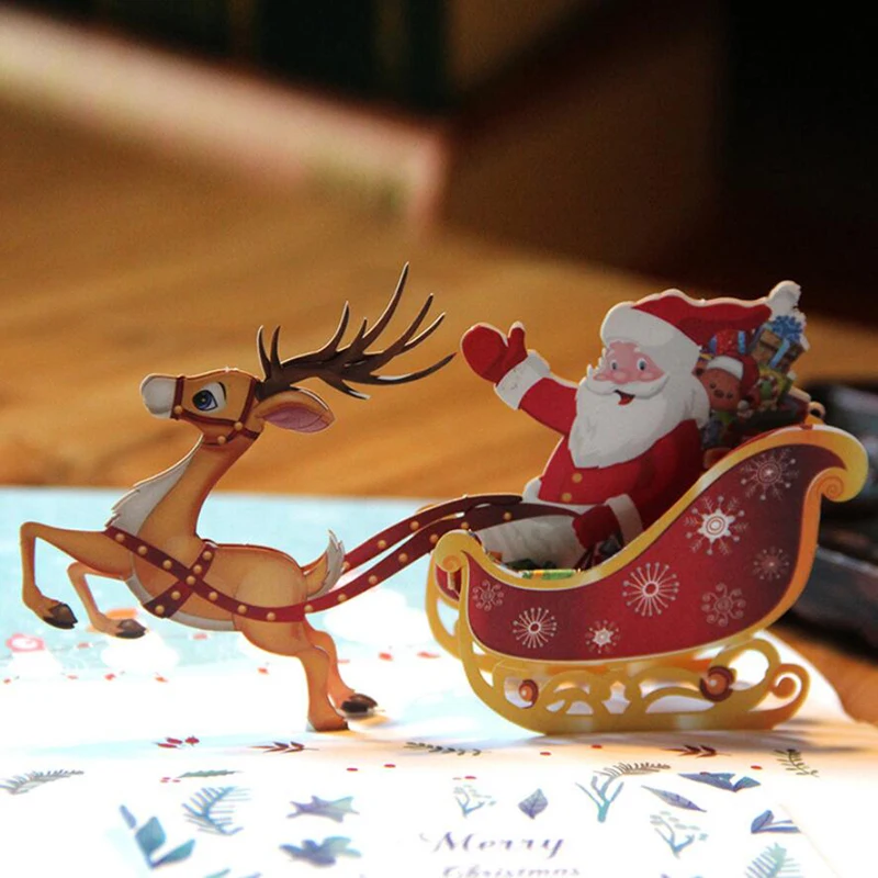 10 шт./лот) 3D всплывающие рождественские поздравительные открытки лазерная резка "с Рождеством" Олень Санта 3d красные золотые карты с конвертом C9008
