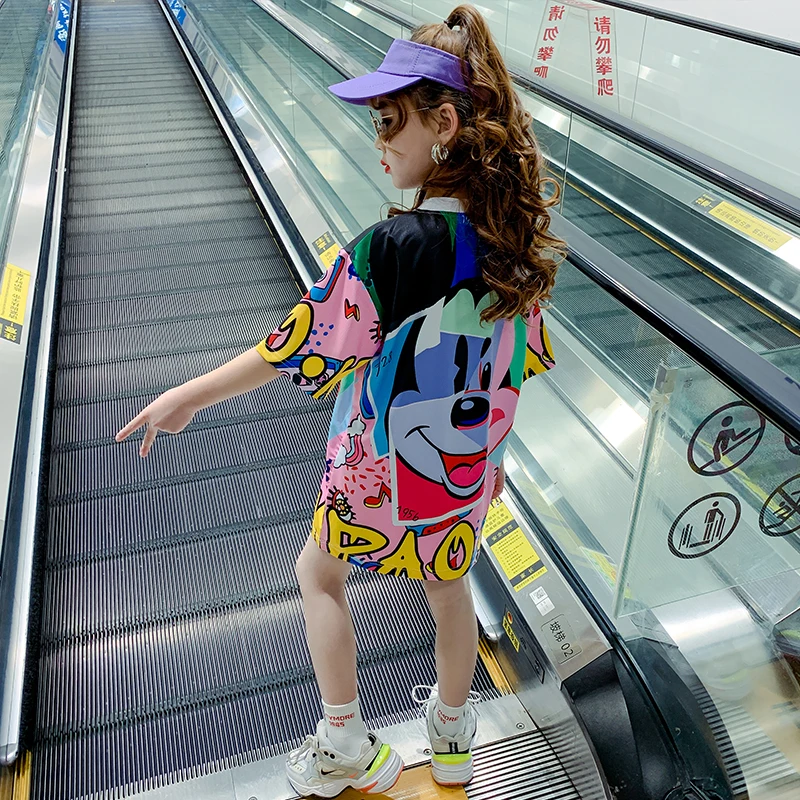 Summer girls long t shirt Baby tee dress kids dress Children vestidos streetwear clothesmickey print short sleeve 4 to 14 yrs